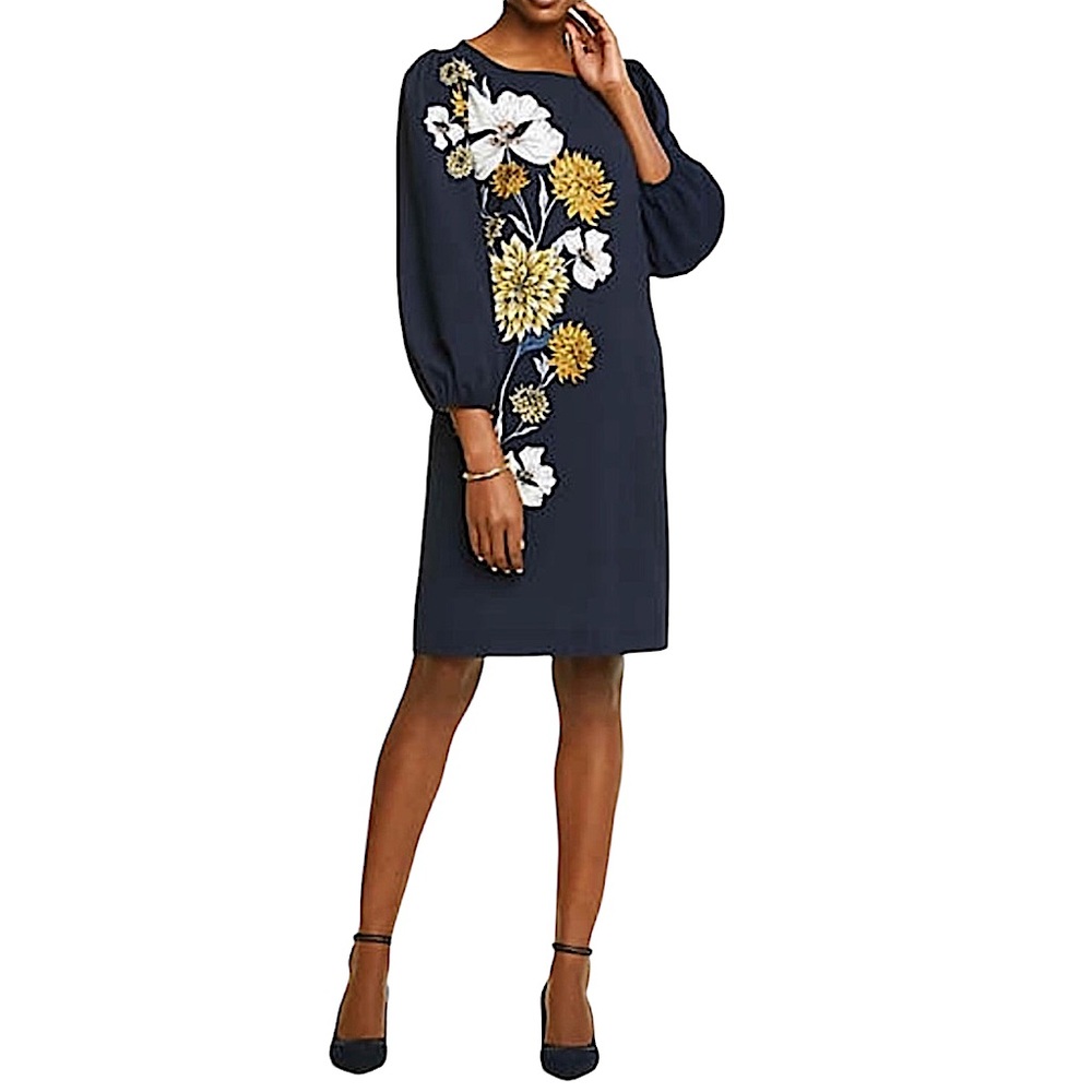 Ann Taylor Factory Sheath Dress in Navy Blue w/Floral 3/4 Bell Sleeves Size MP -